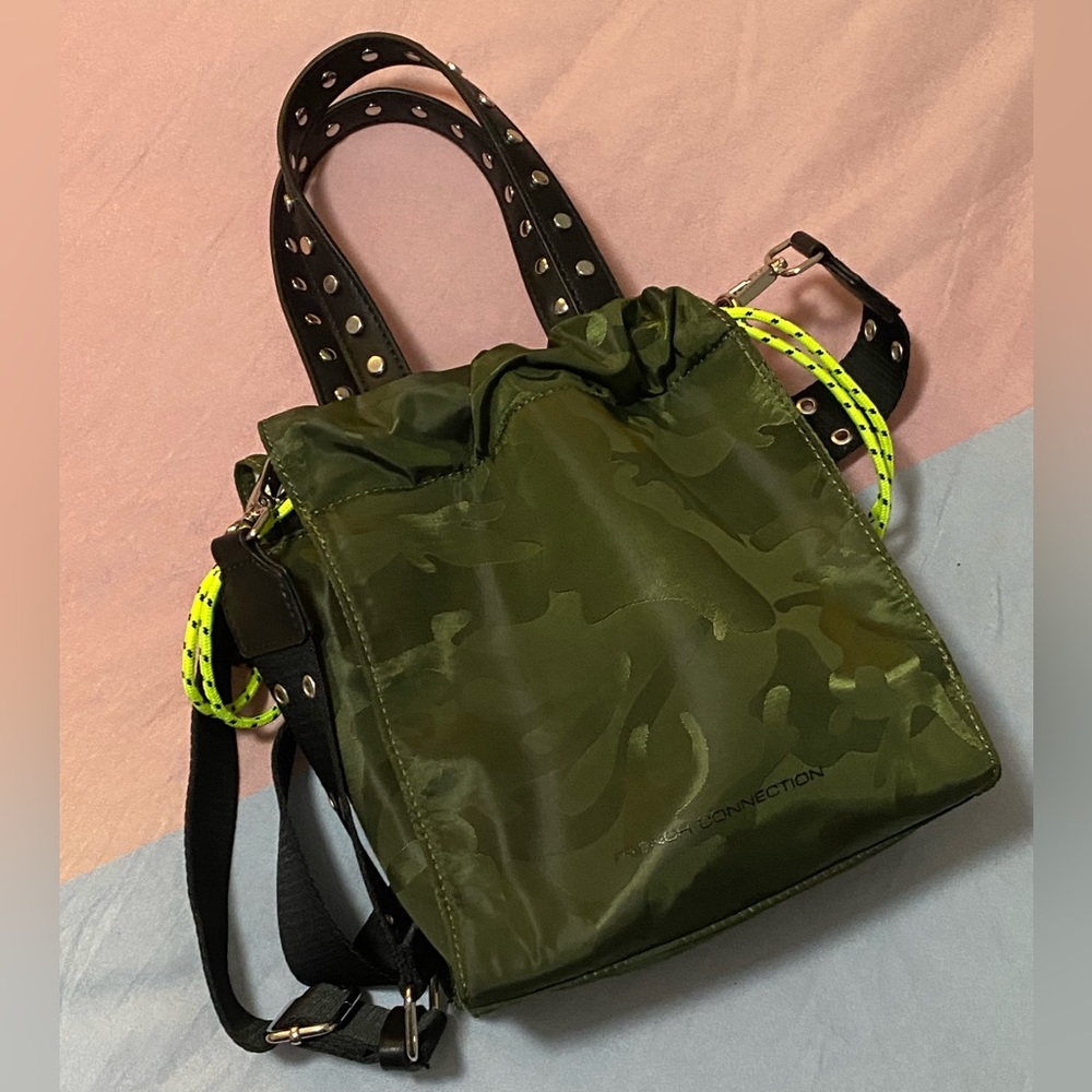 French Connection Camo Crossbody Bucket Bag